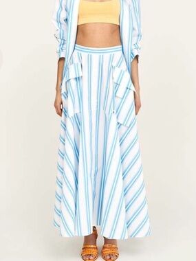 REJINA PYO Size 8 • Lena Skirt 100% Cotton Blue Stripe Designer Long Skirt.